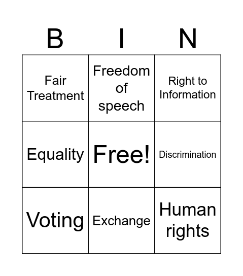 Rights and Responsibilities of Citizenship Bingo Card