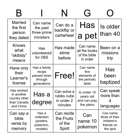 Family Games Bingo Card