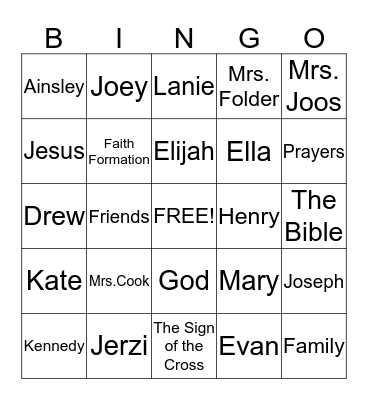 Faith Formation Class  Bingo Card