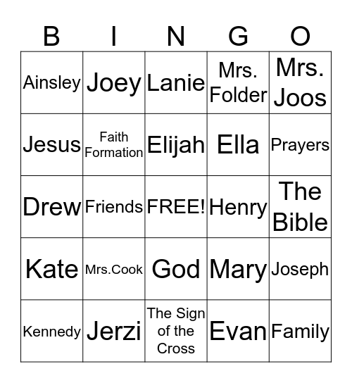 Faith Formation Class  Bingo Card