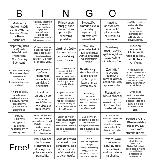 Pôstne predsavzatia Bingo Card