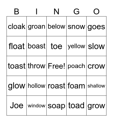 oa / ow/ oe Bingo Card