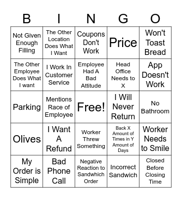 Subway Review Bingo Card