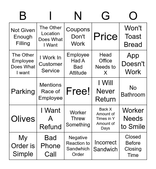 Subway Review Bingo Card