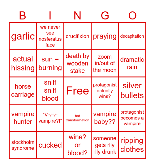 Vampire Movie Bingo Card