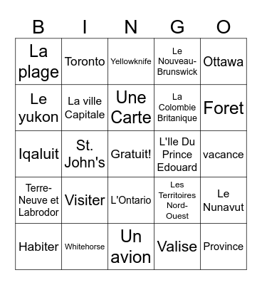 Les voyages au Canada Bingo Card