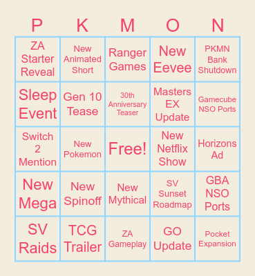 Pokemon Presents 2025 Bingo Card