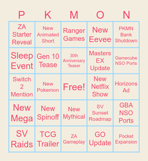 Pokemon Presents 2025 Bingo Card