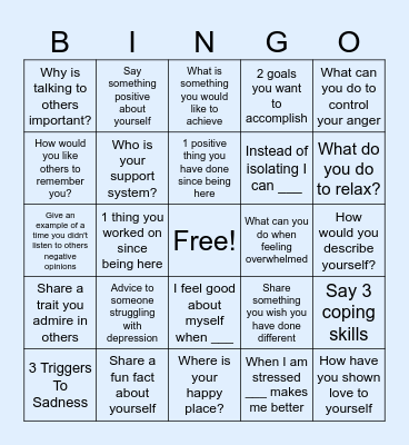 Mental Health Bingo Card