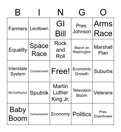 Postwar America - Post-Snowday Bingo Card