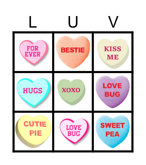Conversation Hearts Bingo Card