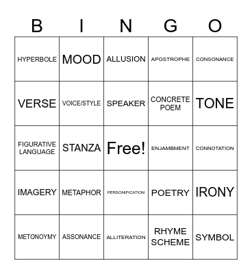 Poetry Bingo Card