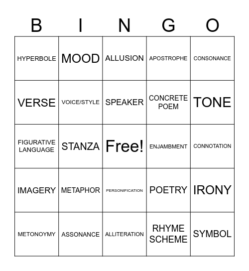 Poetry Bingo Card