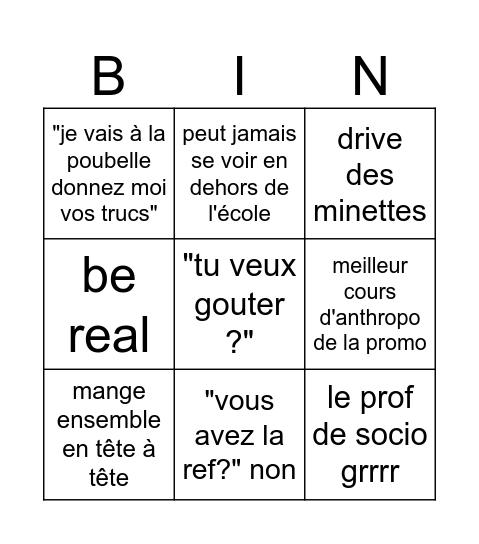 bingo des minettes Bingo Card