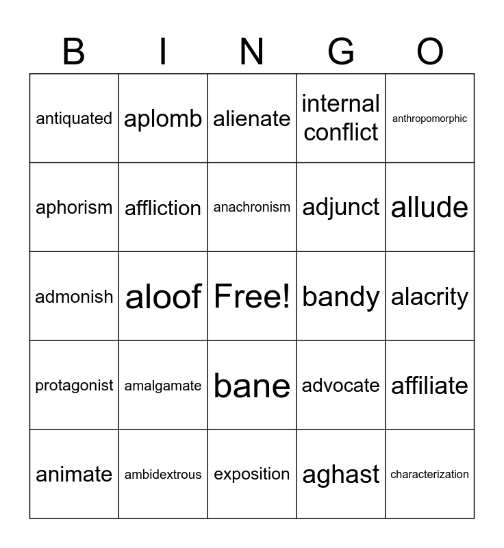 English II Unit 2 Vocabulary Bingo Card