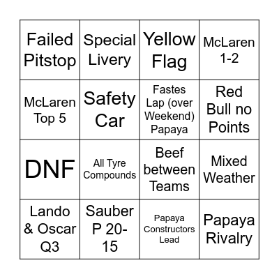 Race Weekend ___ Bingo Card