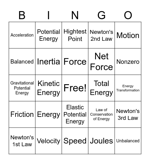 Energy, Force, and Motion Bingo Card
