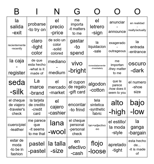 Spanish Bingo Card