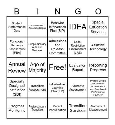 IEP Terms Bingo Card
