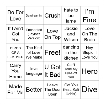 Love Songs Bingo Card