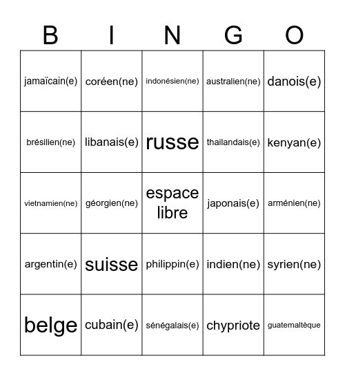 les nationalités - mots 2 Bingo Card