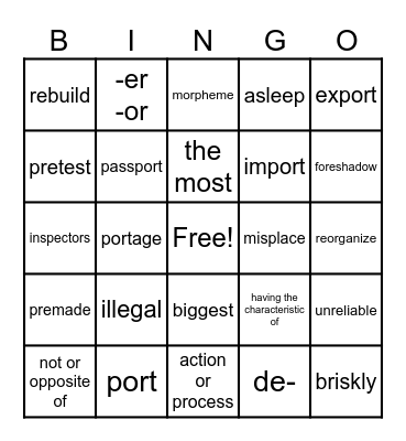 prefixes, suffixes, base word Bingo Card