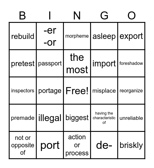 prefixes, suffixes, base word Bingo Card