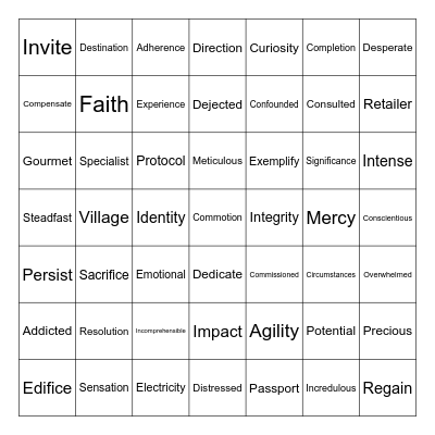 Vocabulary Bingo Card