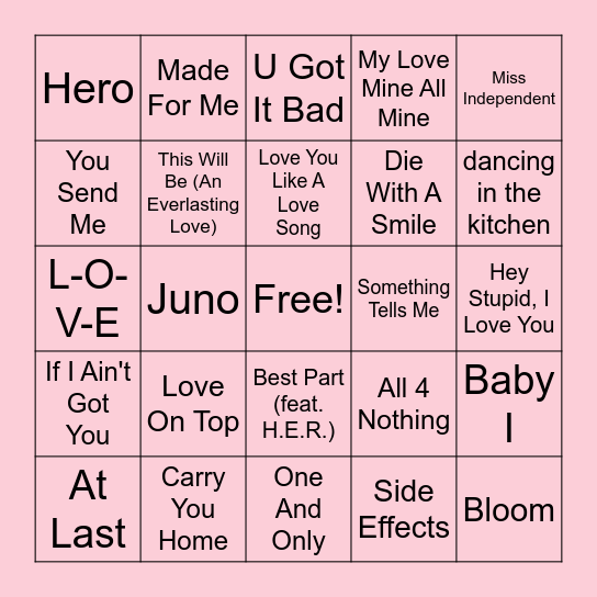 Love Songs Bingo Card