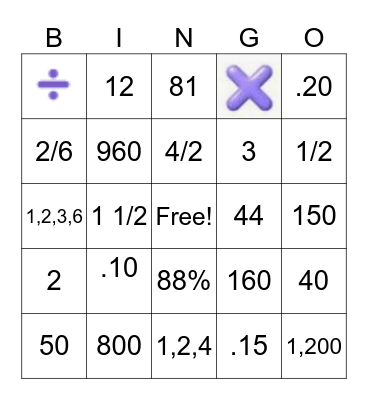 Math Skills Bingo Card