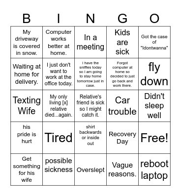 Working from Home or Absence Bingo Card