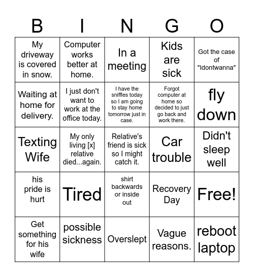 Working from Home or Absence Bingo Card