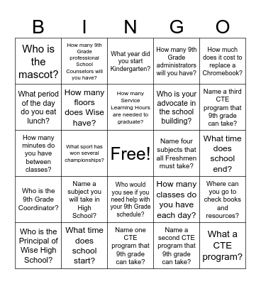 Rising 9th Grader Bingo Card
