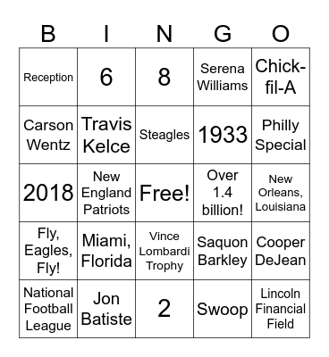 SuperBowl Eagles After Party Bingo Card