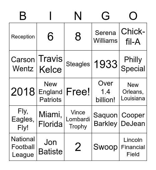 SuperBowl Eagles After Party Bingo Card