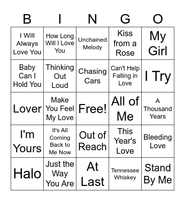 Love Songs Bingo Card