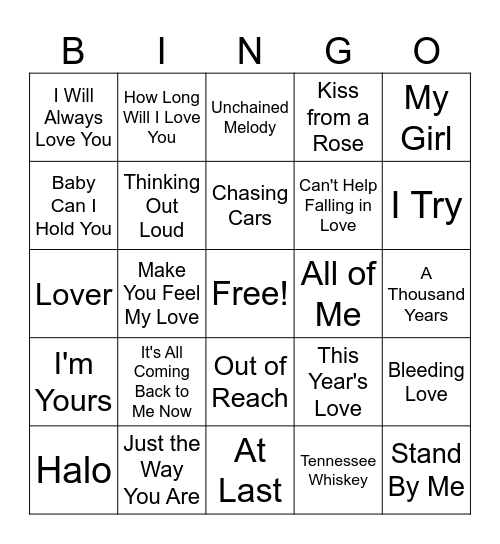 Love Songs Bingo Card