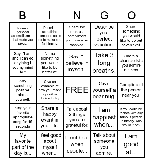 Self Awareness Bingo Card
