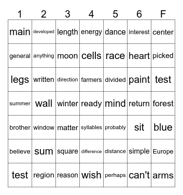 Roll -N- Read Bingo Card