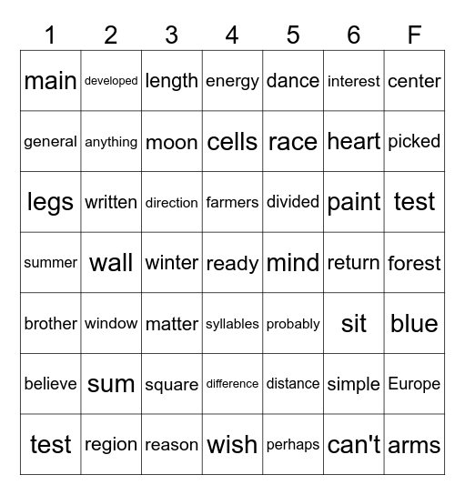 Roll -N- Read Bingo Card
