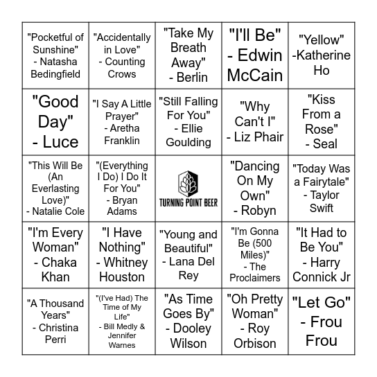Rom Com Bingo - Music Round Bingo Card