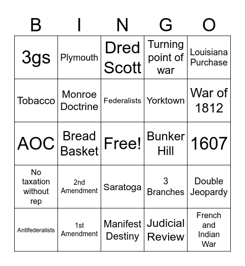 Bingo US History Bingo Card