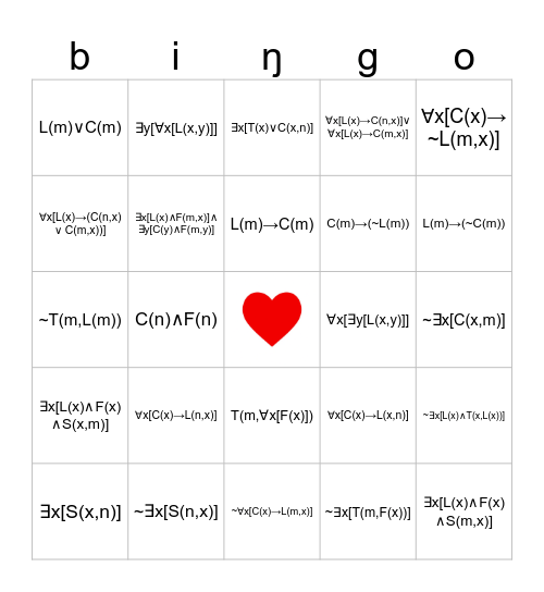 Predicate Logic Bingo Card