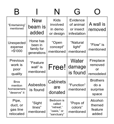 Property Bros Bingo Card