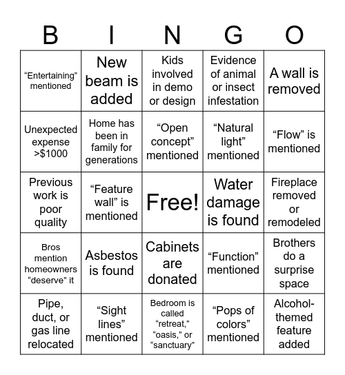 Property Bros Bingo Card