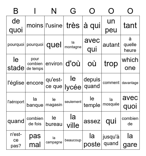 Les mots interrogatifs, les endroits et les adverbes de quantité Bingo Card