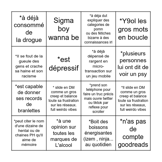 Le BINGO de l'addicte Bingo Card