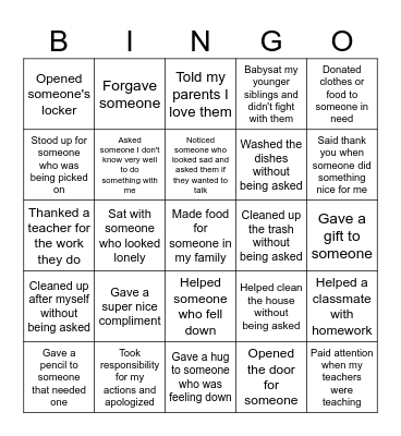 Random Acts of Kindness Bingo Card