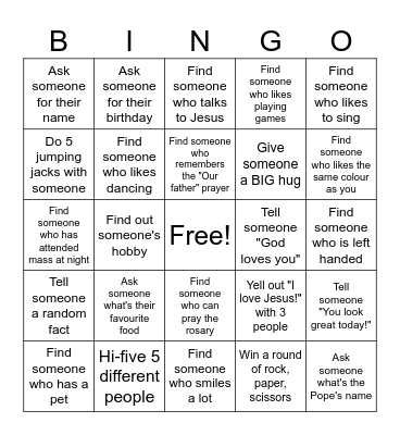 sunday school icebreaker Bingo Card
