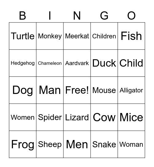 Vocabulary & Animals Time Zones Bingo Card